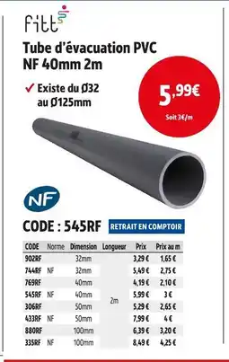 Screwfix Fitt Tube d'évacuation PVC NF 40mm 2m offre