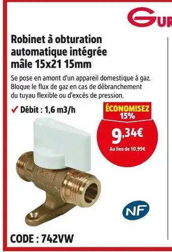 Screwfix NF Robinet à obturation automatique intégrée mâle 15x21 15mm offre