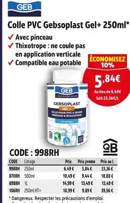 Screwfix GEB Colle pvc gebsoplast gel+ 250ml offre