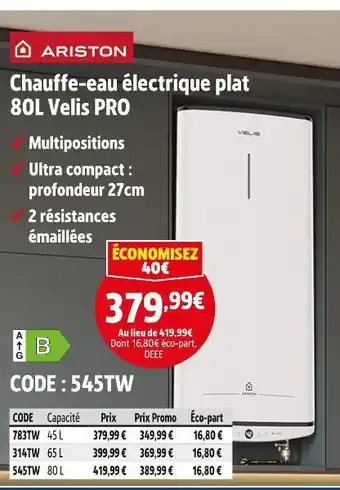 Screwfix Ariston Chauffe-eau électrique plat 80L Velis PRO offre