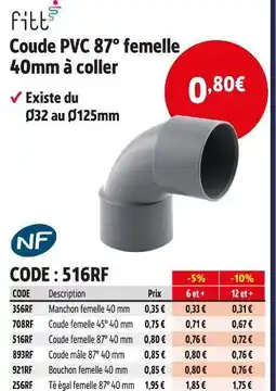 Screwfix FITT Coude pvc 87° femelle 40mm à coller offre