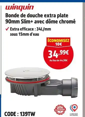 Screwfix WIRQUIN Bonde de douche extra plate 90mm slim+ avec dôme chromé offre