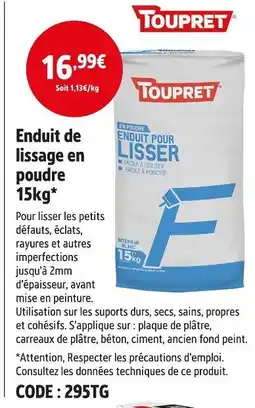 Screwfix TOUPRET Enduit de lissage en poudre 15kg offre