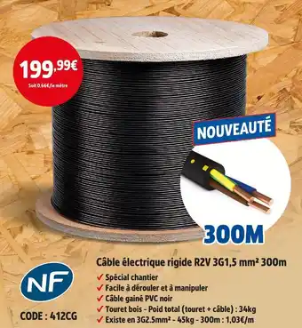 Screwfix NF Câble électrique rigide R2V 3G1,5 mm² 300m offre