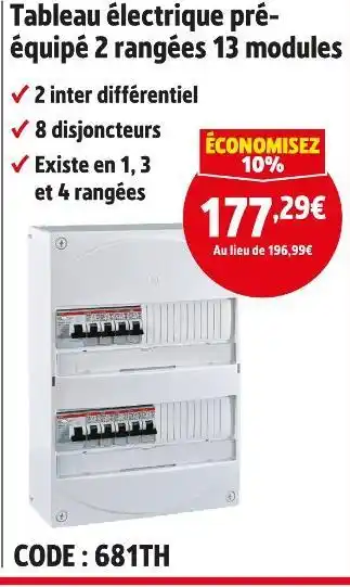 Screwfix Tableau électrique pré-équipé 2 rangées 13 modules offre