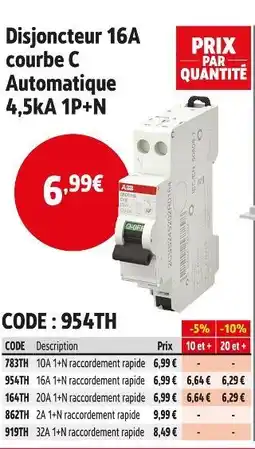 Screwfix ABB Disjoncteur 16A courbe C Automatique 4,5kA 1P+N offre