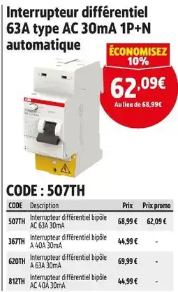 Screwfix Interrupteur différentiel 63a type ac 30ma 1p+n offre