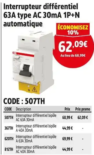 Screwfix Interrupteur différentiel 63a type ac 30ma 1p+n offre