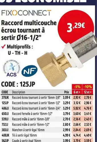 Screwfix FIXOCONNECT Raccord multicouche écrou tournant à sertir Ø16-1/2 offre