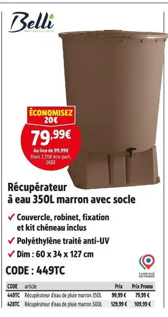 Screwfix Belli Récupérateur à eau 350L marron avec socle offre