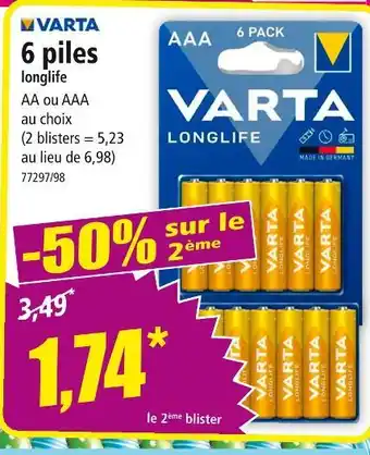 Norma VARTA 6 piles longlife offre