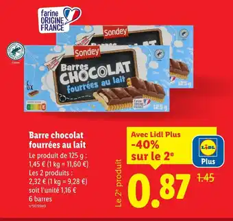 Lidl Sondey Barre chocolat fourrées au lait offre