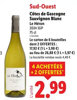 Lidl Le Héron Côtes de Gascogne Sauvignon Blanc 2024 IGP offre