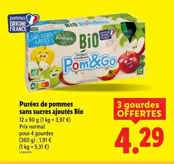 Lidl Vergers Gourmands Purées de pommes sans sucres ajoutés Bio offre