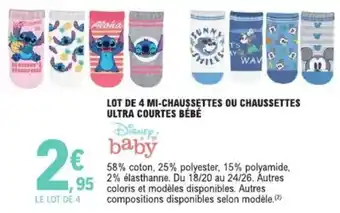 E.Leclerc Lot de 4 mi-chaussettes ou chaussettes ultra courtes bébé offre