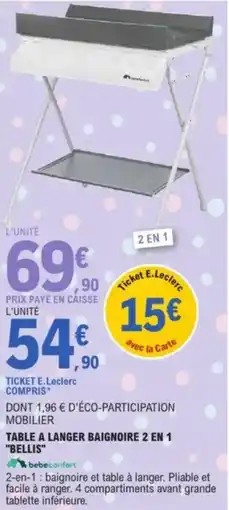 E.Leclerc Table a langer baignoire 2 en 1 bellis offre