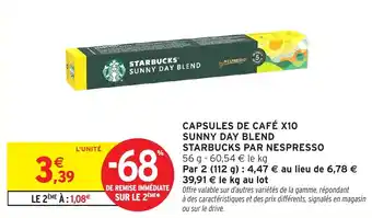 Intermarché Capsules de café x10 sunny day blend starbucks par nespresso offre