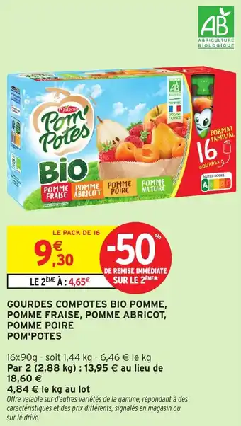 Intermarché Gourdes compotes bio pomme, pomme fraise, pomme abricot, pomme poire pom'potes offre