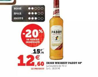 Super U Irish Whiskey Paddy 40° offre
