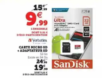 Super U Carte Micro Sd + Adaptateur Sd Verbatim offre