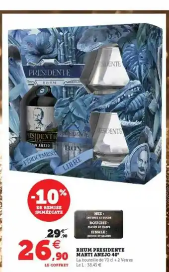 Super U Rhum Presidente Marti Anejo 40° offre