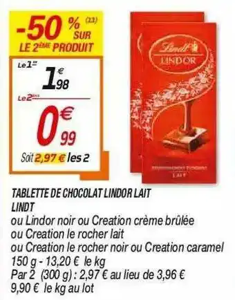 Netto Tablette De Chocolat Lindor Lait Lindt offre
