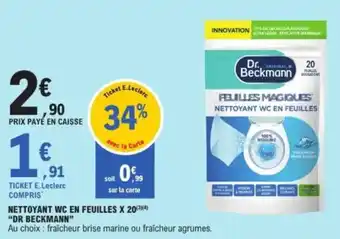 E.Leclerc "DR BECKMANN" Nettoyant wc en feuilles x 20 offre