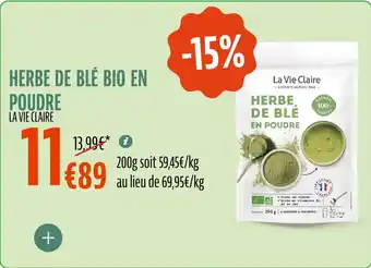 La Vie Claire Herbe de blé bio en poudre offre