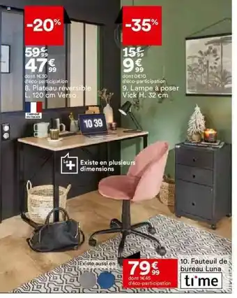 BUT Plateau Réversible L. 120 Cm Verso, Lampe à Poser Vick H. 32 Cm Time offre