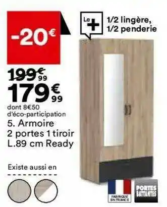 BUT Armoire 2 Portes 1 Tiroir L.89 Cm Ready offre
