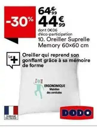BUT Oreiller Suprelle Memory 60 X 60 Cm Dodo offre