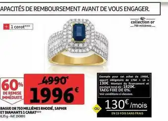 Auchan Bague Or 750 Millèmes Rhodié, Saphir Et Diamants 1 Carat offre