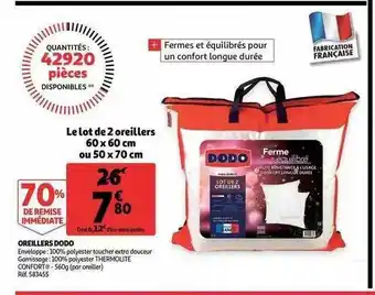 Auchan Oreillers Dodo : Le Lot De 2 Oreillers 60 X 60 Cm Ou 50 X 70 Cm offre