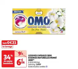 Auchan Lessives capsules 3en1 essences naturelles monoï omo offre