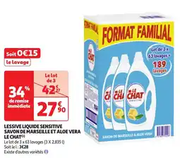 Auchan Lessive liquide sensitive savon de marseille et aloe vera le chat offre