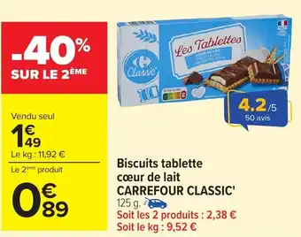 Carrefour CARREFOUR CLASSIC Biscuits tablette cœur de lait offre