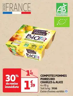 Auchan Compotes pommes poires bio charles & alice offre