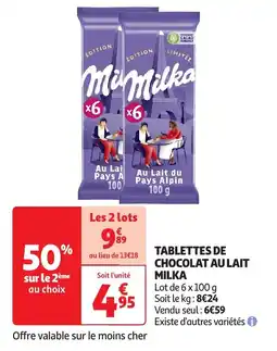 Auchan Tablettes de chocolat au lait milka offre