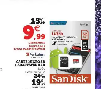 Hyper U Carte Micro Sd + Adaptateur Sd Verbatim offre