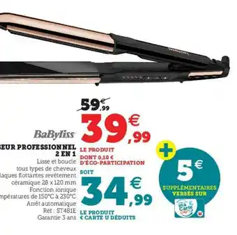 Hyper U Lisseur Professionnel 2 En 1 Babyliss offre