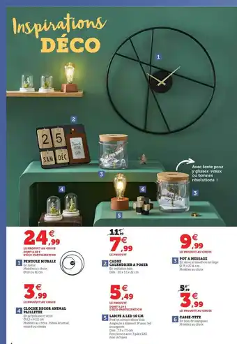Hyper U Pendule Murale, Cadre Calendrier à Poser, Pot à Message, Cloche Décor Animal Pailleté, Lampe à Led 16 Cm, Pot à Message, Cass offre