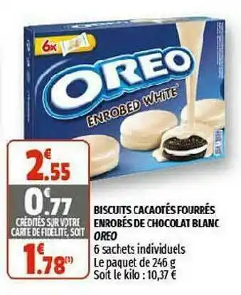 Coccinelle Supermarché Biscuits Cacaotés Fourrés Enrobés De Chocolat Blanc Oreo offre