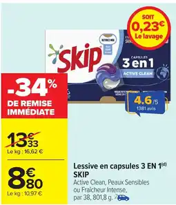 Carrefour SKIP Lessive en capsules 3 EN 1 offre