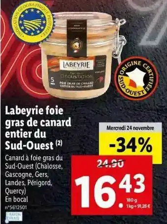 Lidl Labeyrie Foie Gras De Canard Entier Du Sud-ouest offre