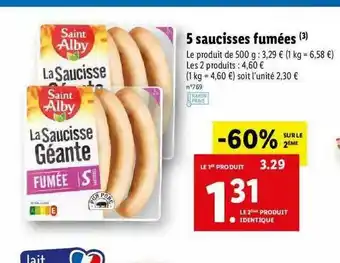 Lidl 5 Saucisses Fumées Saint Alby offre