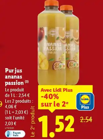 Lidl Pur jus ananas passion offre