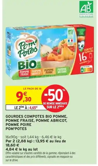 Intermarché Pom'Potes Gourdes compotes bio pomme, pomme fraise, pomme abricot, pomme poire offre