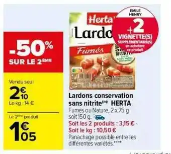 Carrefour Lardons Conservation Sans Nitrite Herta offre