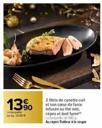 Carrefour 2 Filets De Canette Cuit Et Son Coeur De Farce Infusée Au Thé Noir, Cèpes Et Lard Fumé offre