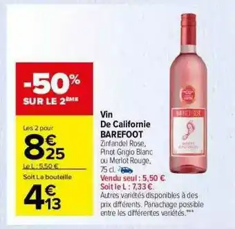 Carrefour Market Vin De Californie Barefoot offre